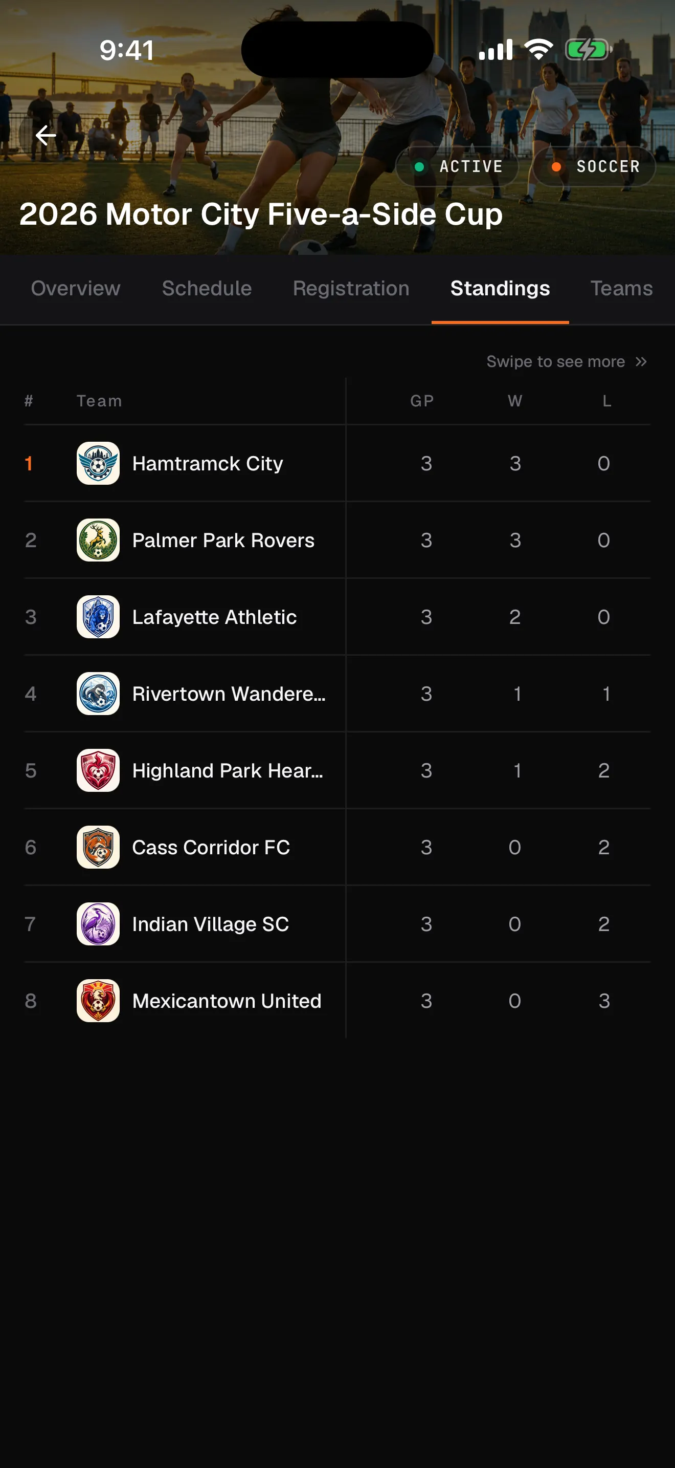 League standings in the RecTrack app, ranked by win percentage
