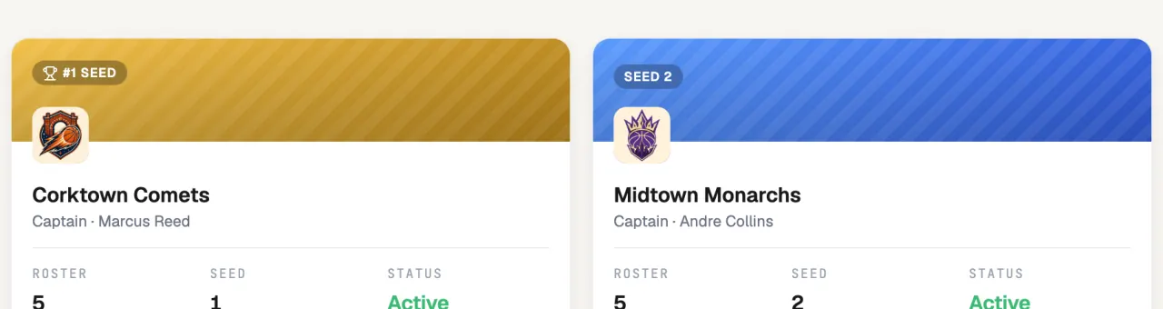 The RecTrack teams board showing rostered teams with their seed, captain, and roster count